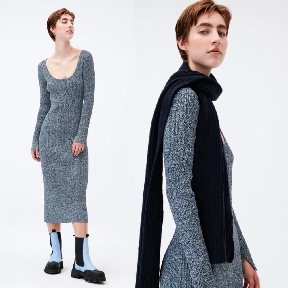 Ganni Scoop Neck Bodycon Ribbed Knit Midi Dress XS